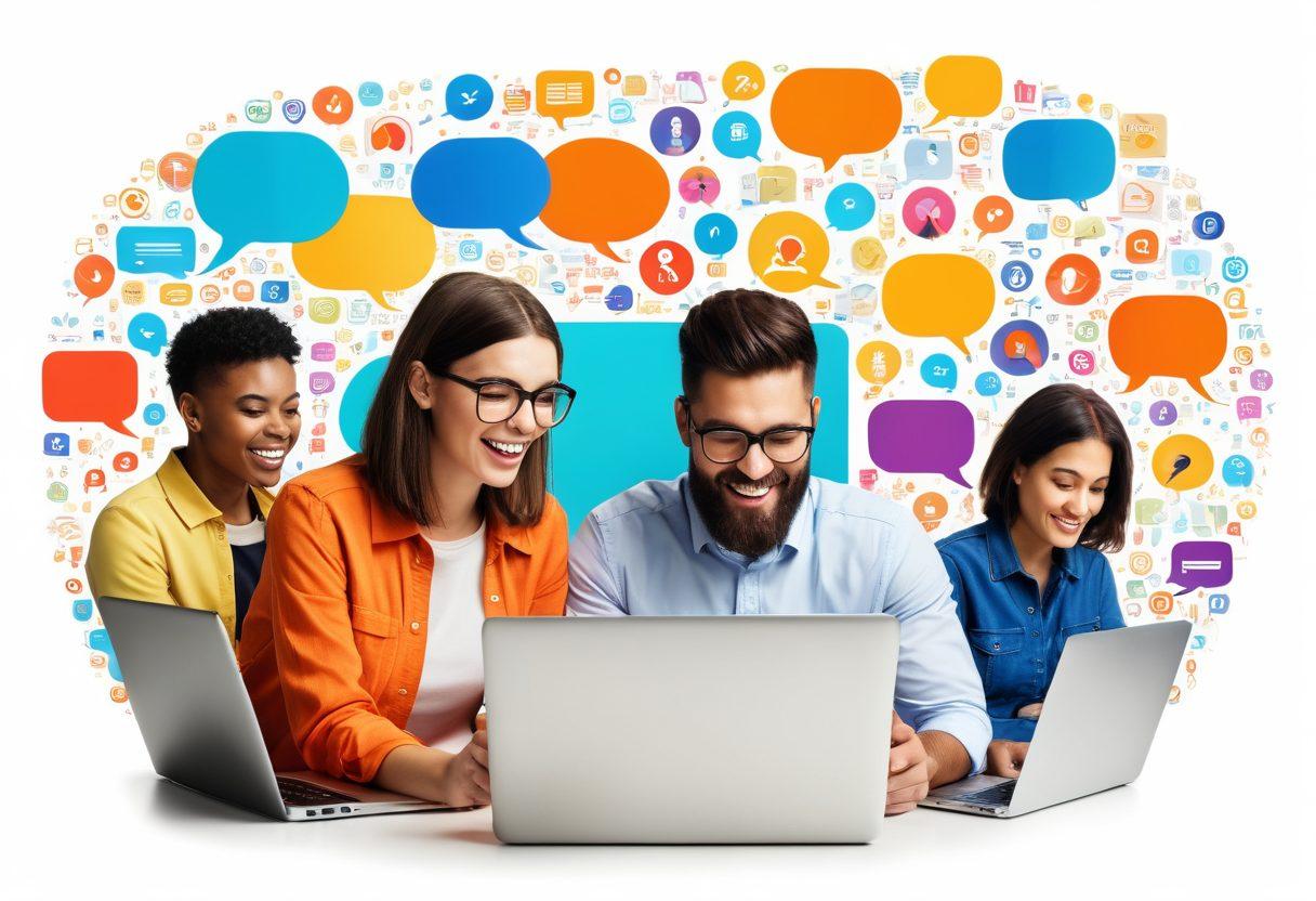 A vibrant collage of diverse individuals joyfully typing on laptops, surrounded by colorful speech bubbles filled with quotes and ideas, depicting expression and connection. In the background, a glowing lock symbol representing security and privacy, integrated with elements of digital communication like email icons and gears. Ideal for illustrating personal blogging empowerment and security. super-realistic. vibrant colors. white background.