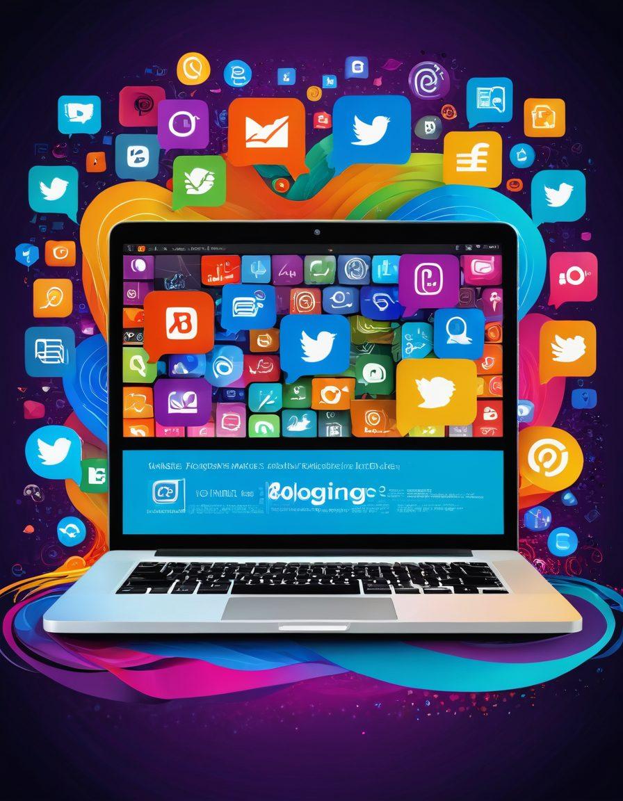 A dynamic collage showcasing a laptop with an open blog on the screen, surrounded by colorful icons symbolizing social media, email, and personal branding. In the background, there are abstract waves illustrating the flow of information and engagement. The overall tone is vibrant and energetic, emphasizing the transformation from blogging to email marketing. modern digital style. vivid colors. clean lines.