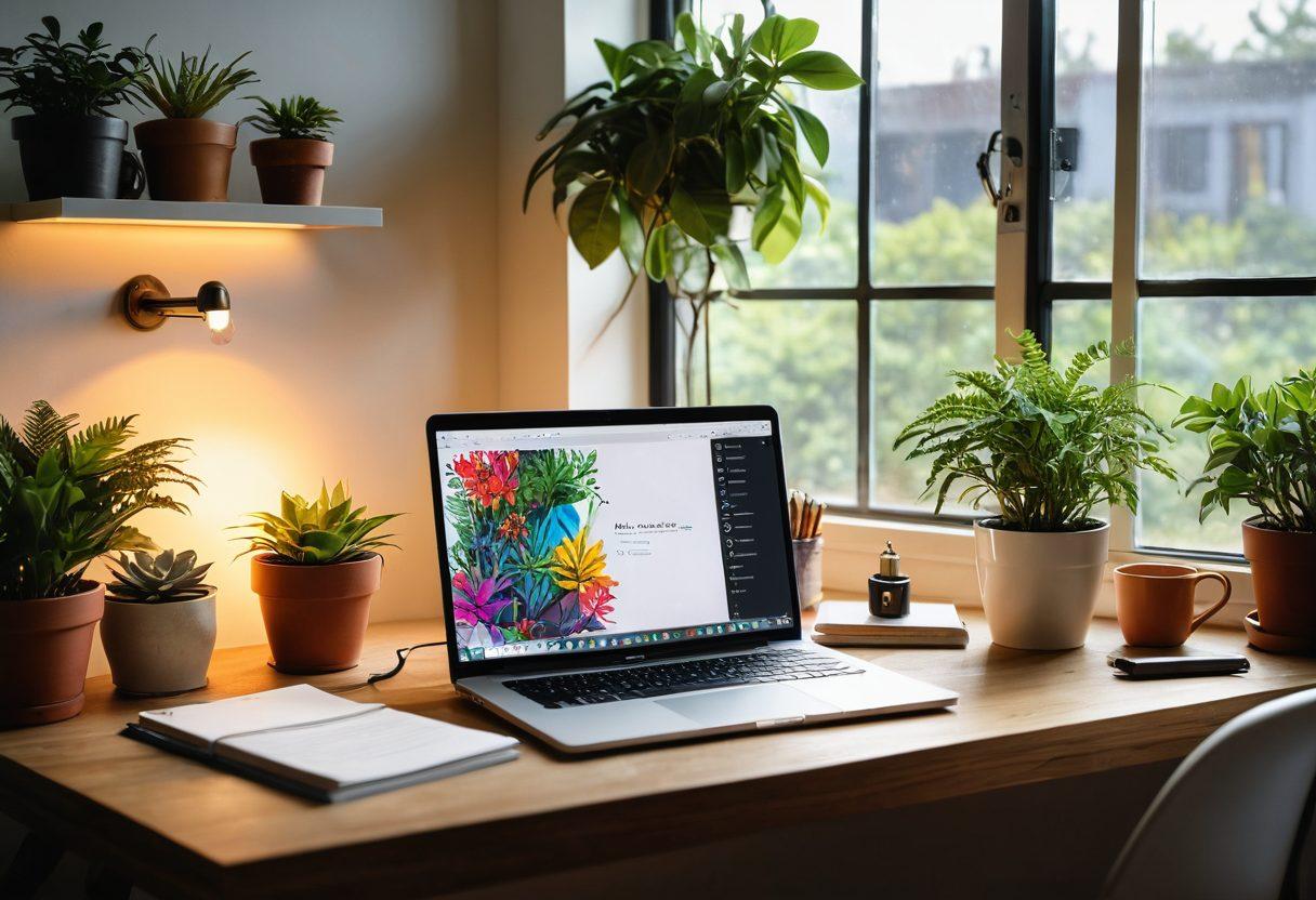 A person sitting at a cozy desk, writing in a digital diary on a sleek laptop, surrounded by vibrant plants and artistic decor. The screen displays the Roketmail interface, showcasing colorful graphics and a secure padlock symbol. Sunlight streams through a nearby window, creating a warm atmosphere that sparks creativity. The overall vibe is modern, inviting, and secure. super-realistic. vibrant colors. cozy interior.